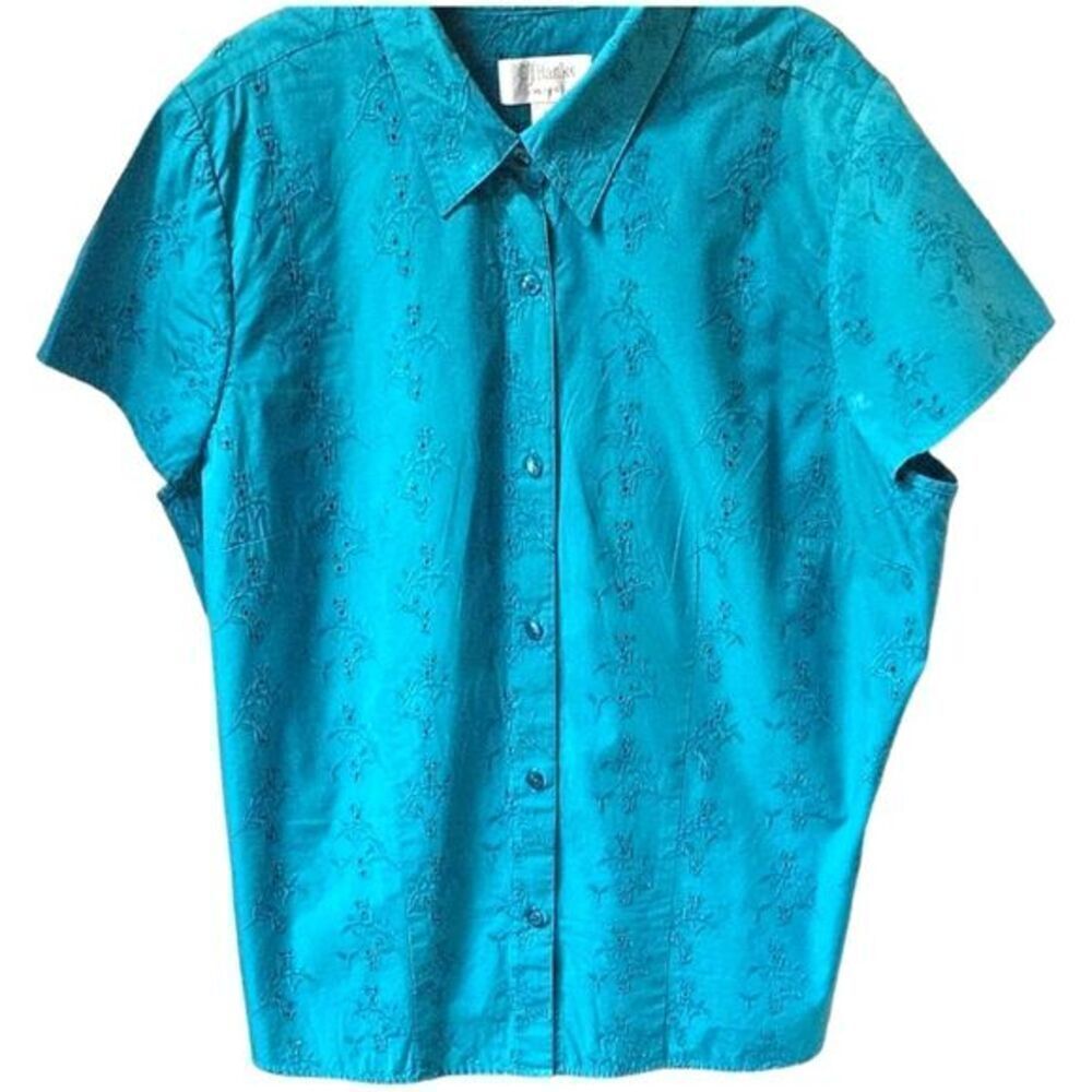 CJ BANKS Plus Size Teal/Green Short Sleeve Open Knit blouse.